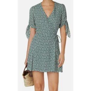 Reformation Green White Floral Wrap Dress Tie Sleeves Lightweight Women's Size S